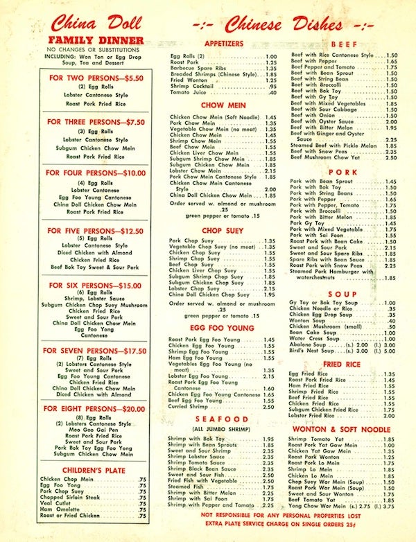 China Doll, Washington D.C., menu